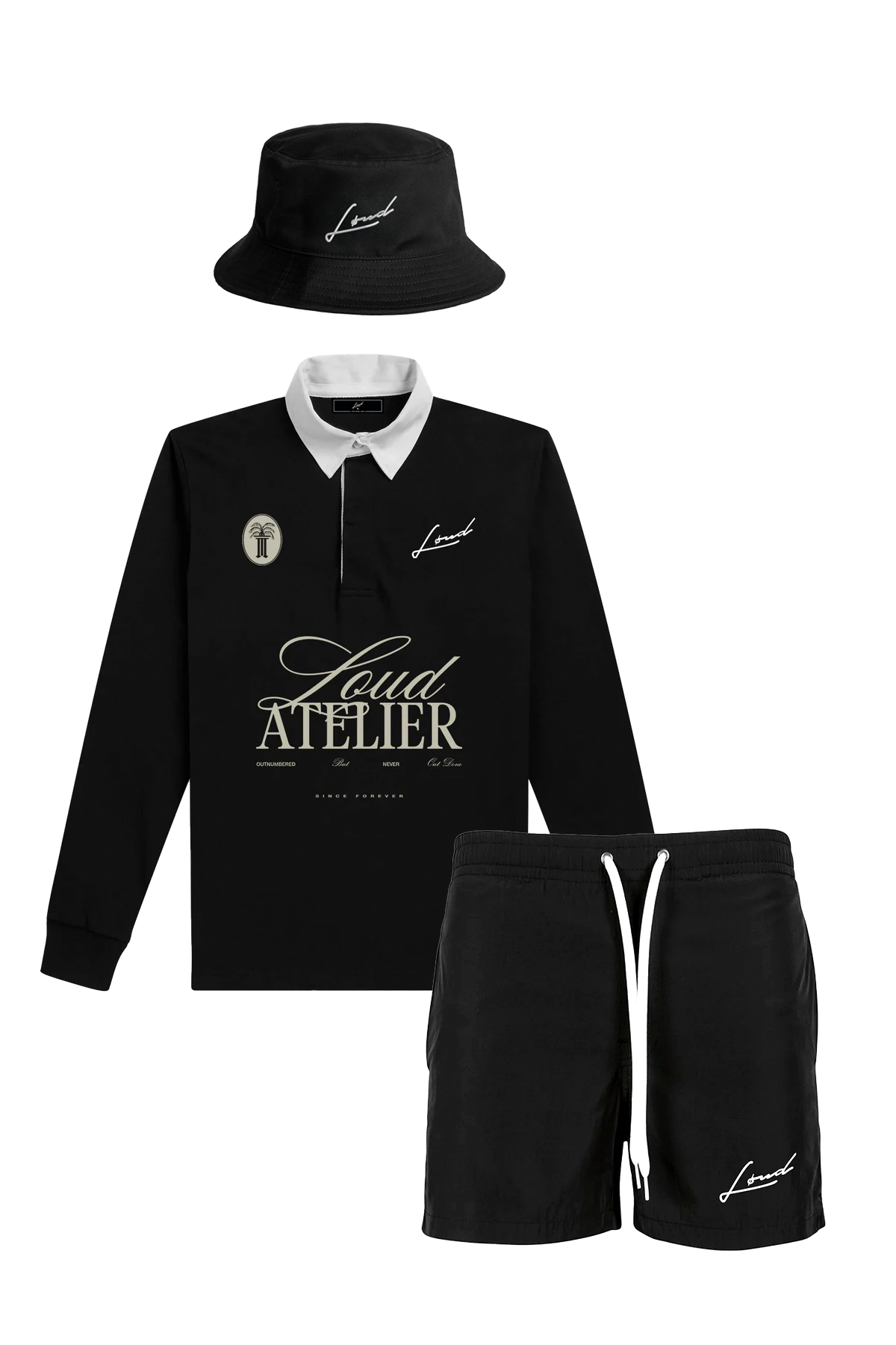 Black Bucket Hat, Rugby Shirt and Black Swim Shorts set