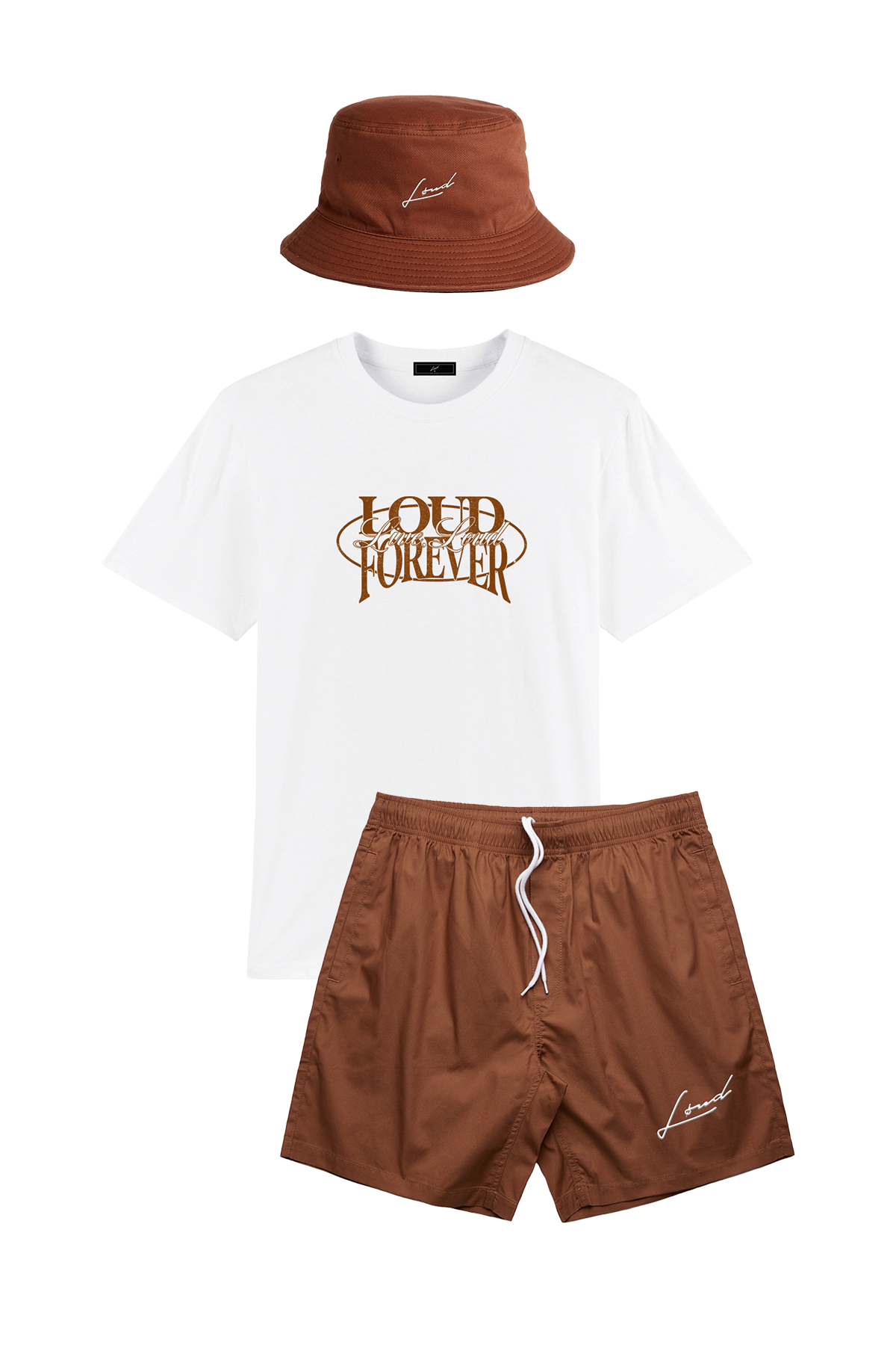 Brown Bucket Hat, T-Shirt and Brown Shorts Set