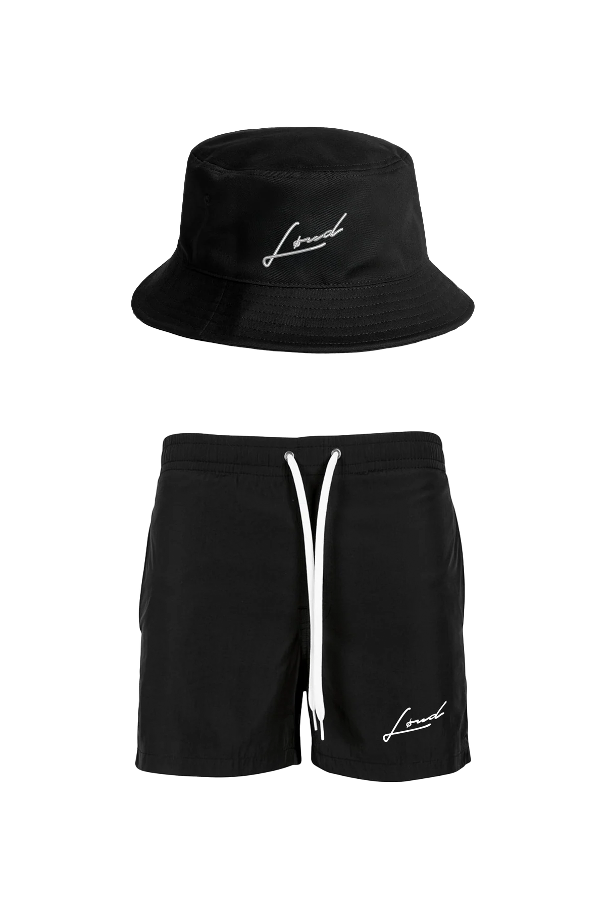 Black Bucket Hat and Black Swim Shorts set
